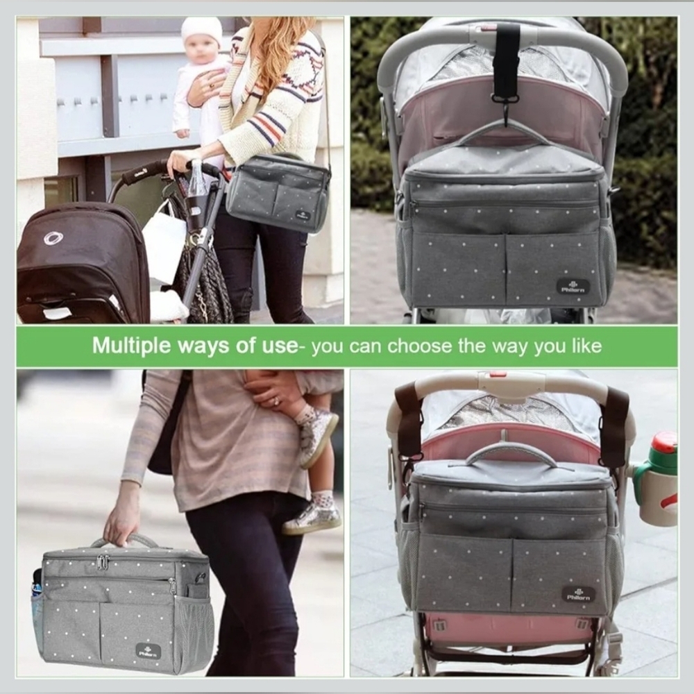 Insulated Baby Bag Stroller Car Diaper Organizer Gray White Polka Dots Unisex - Picture 3 of 10